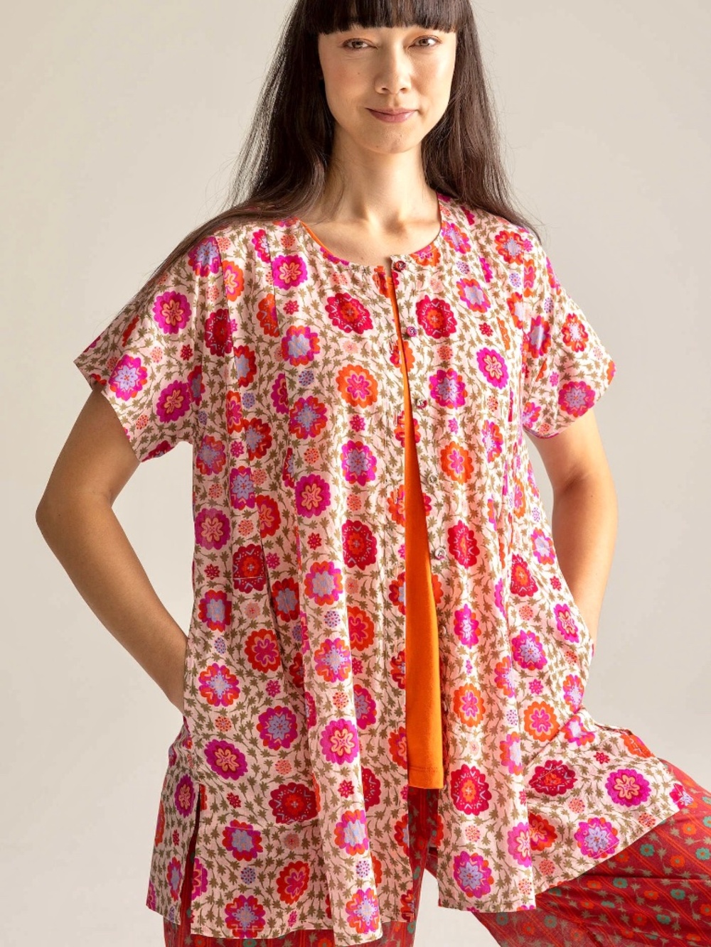 GUDRUN SJODEN Organic Cotton 'Suzani' Short Sleeve Button Tunic - L - Picture 3 of 12